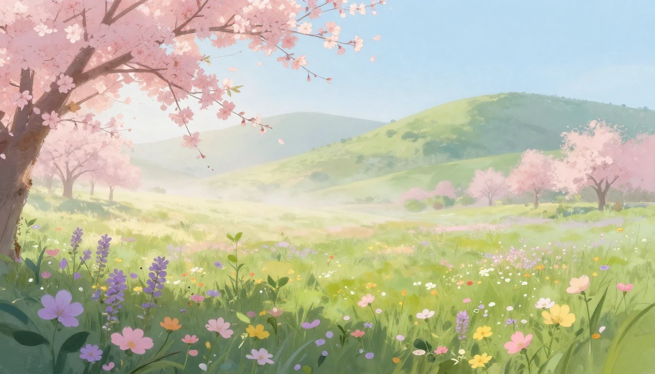 A soft and ethereal landscape featuring a vibrant meadow in ...