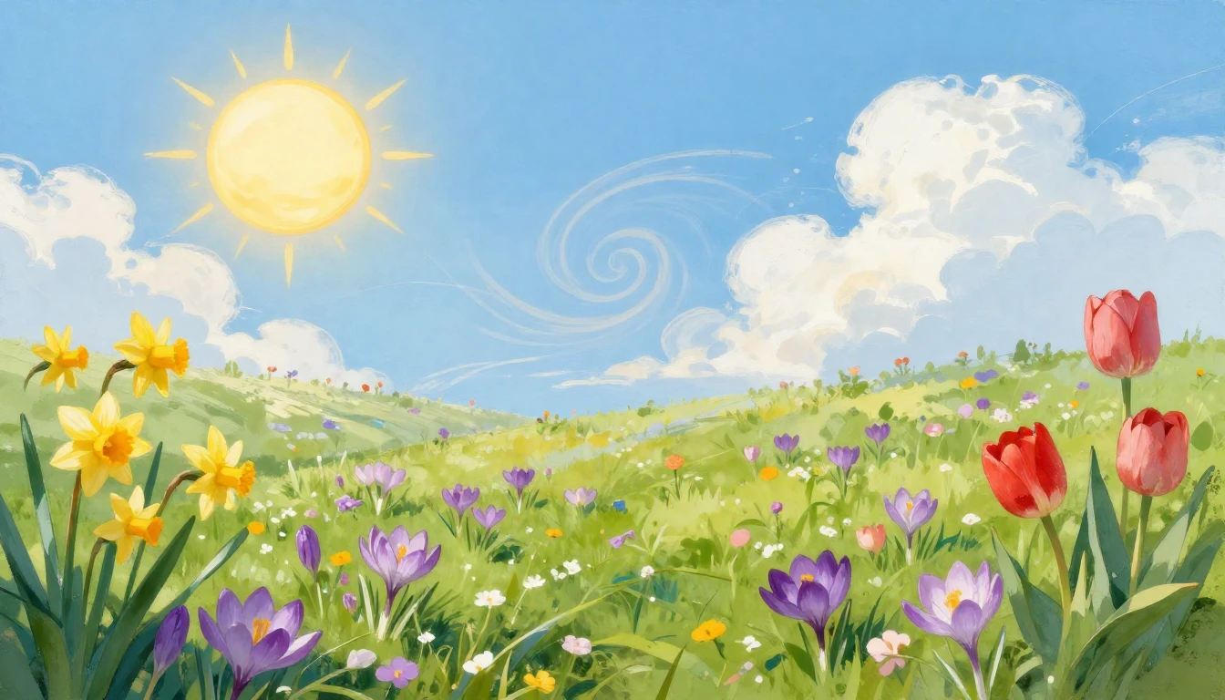 A vibrant and joyful spring landscape featuring a lush green...