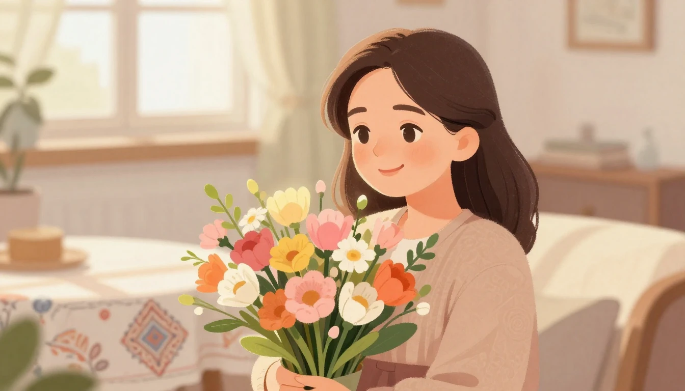 A heartwarming and soft illustration of a kind middle-aged w...