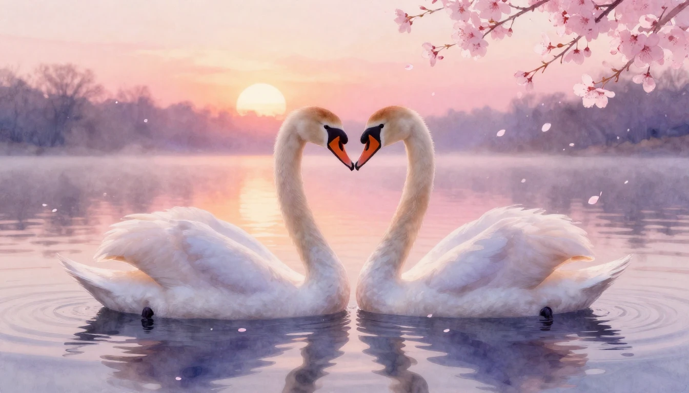 A dreamy watercolor painting of two elegant swans forming a ...