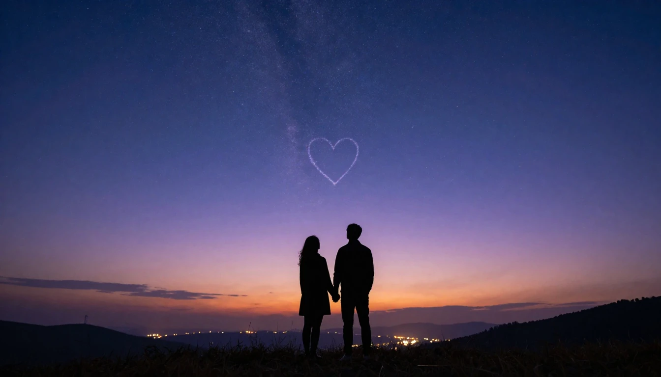 A cinematic wide shot of a silhouette of a couple holding ha...