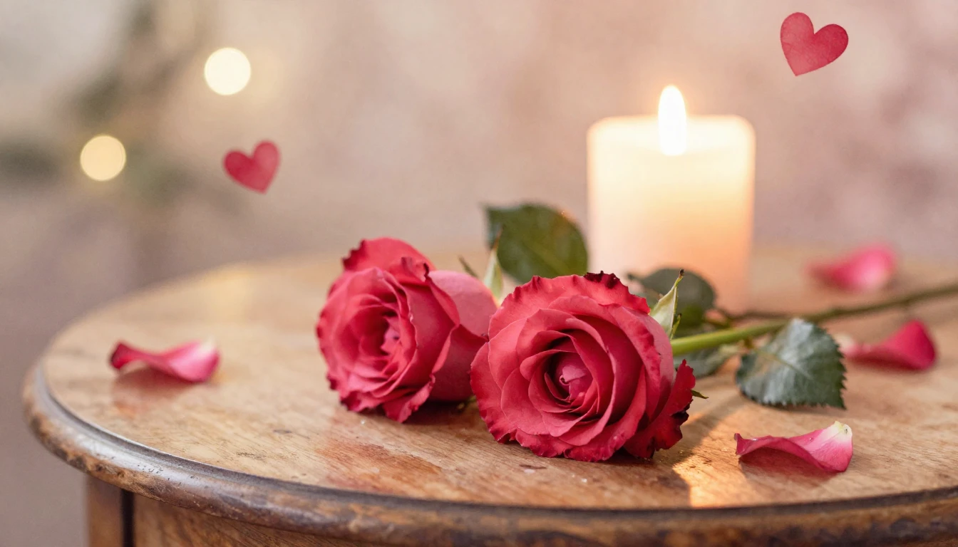 A dreamy and romantic scene featuring two delicate red roses...