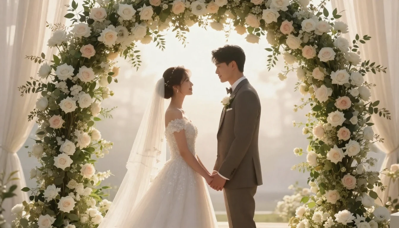 A romantic and dreamy scene of a bride and groom holding han...