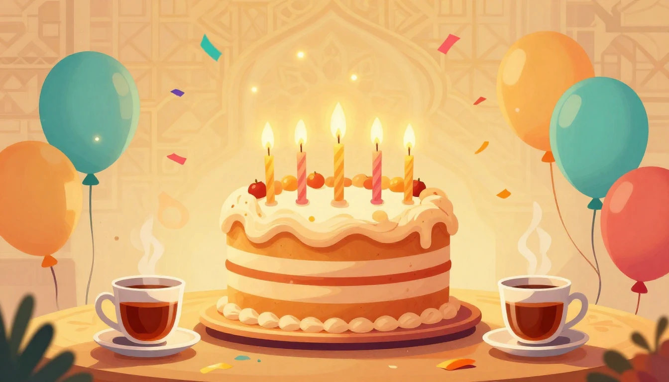 A warm and festive illustration celebrating a birthday, feat...