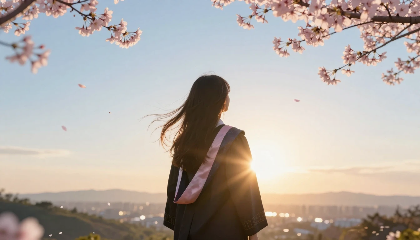 A view from behind of a young woman with long hair standing ...