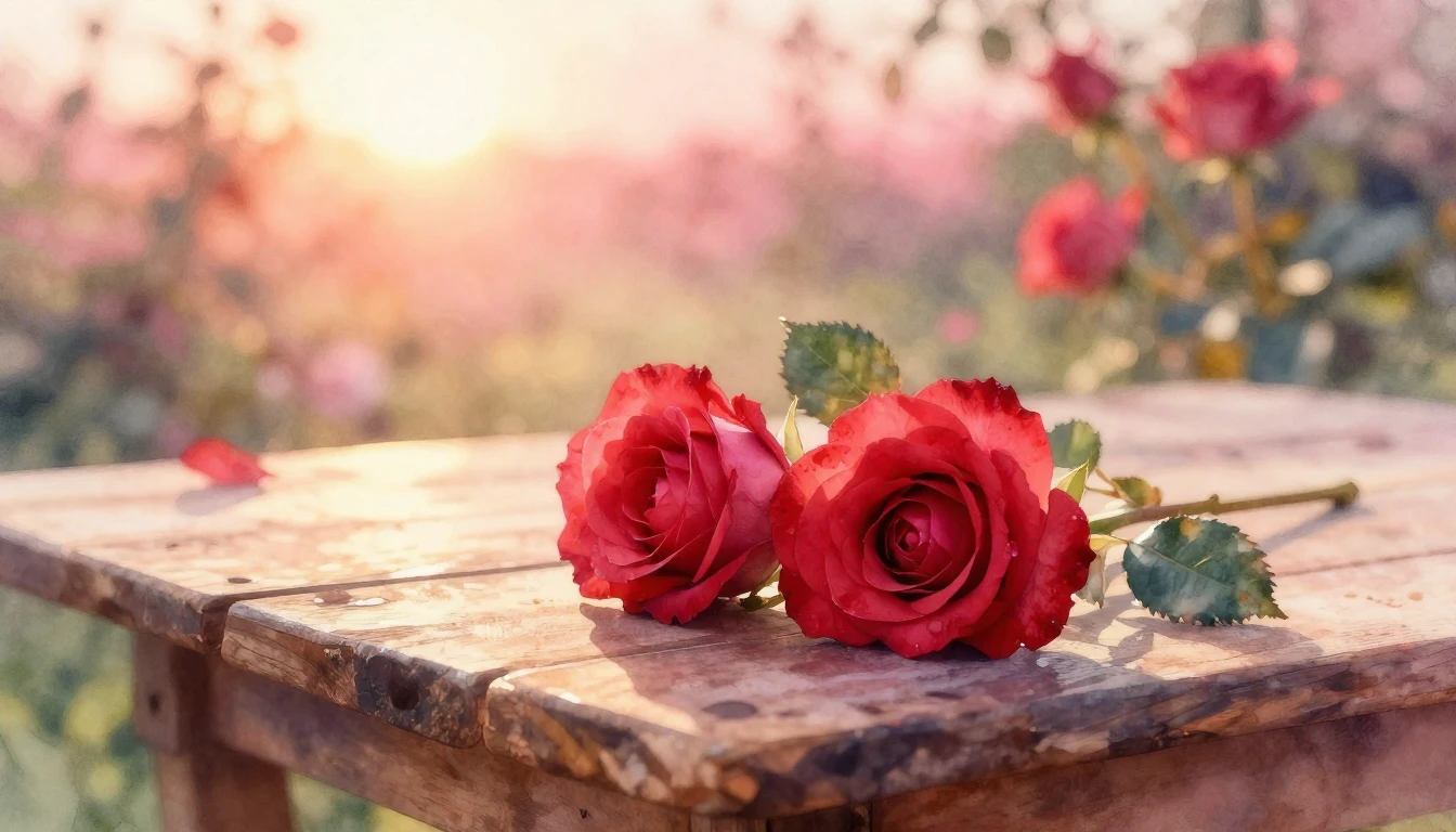 A soft watercolor painting of two delicate red roses intertw...