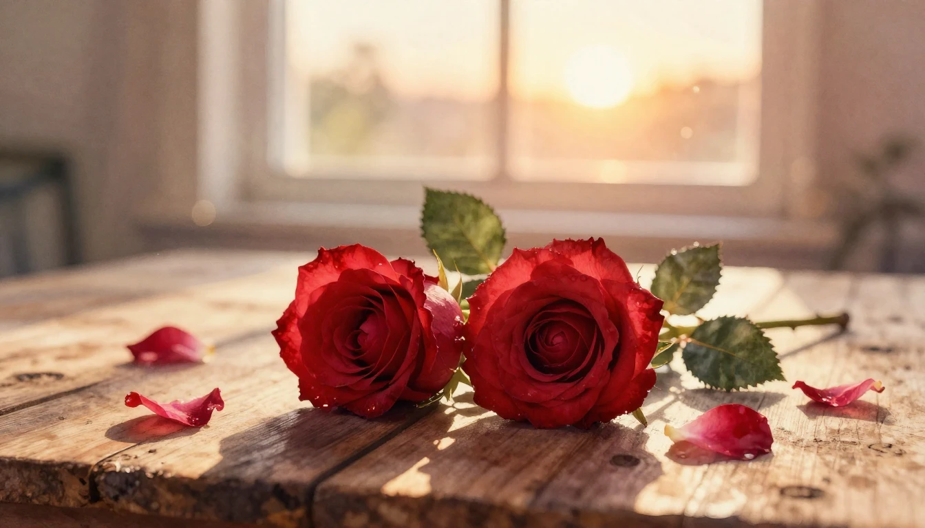 A soft watercolor painting of two elegant red roses intertwi...