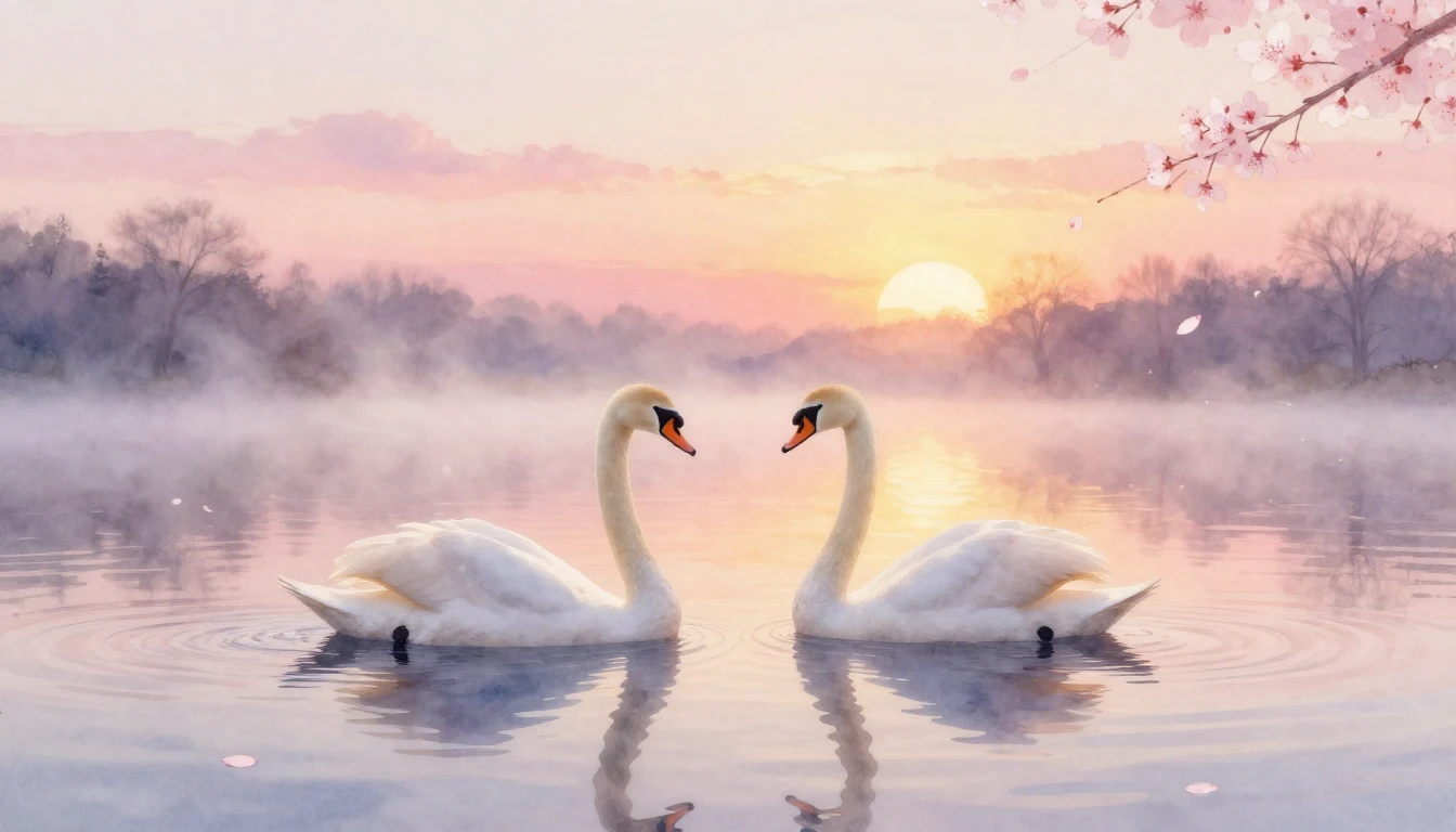 A soft watercolor painting of two elegant swans gliding on a...