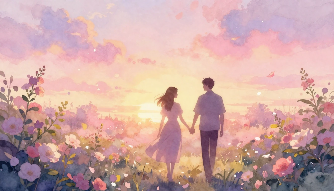 A dreamy watercolor illustration of two silhouettes walking ...