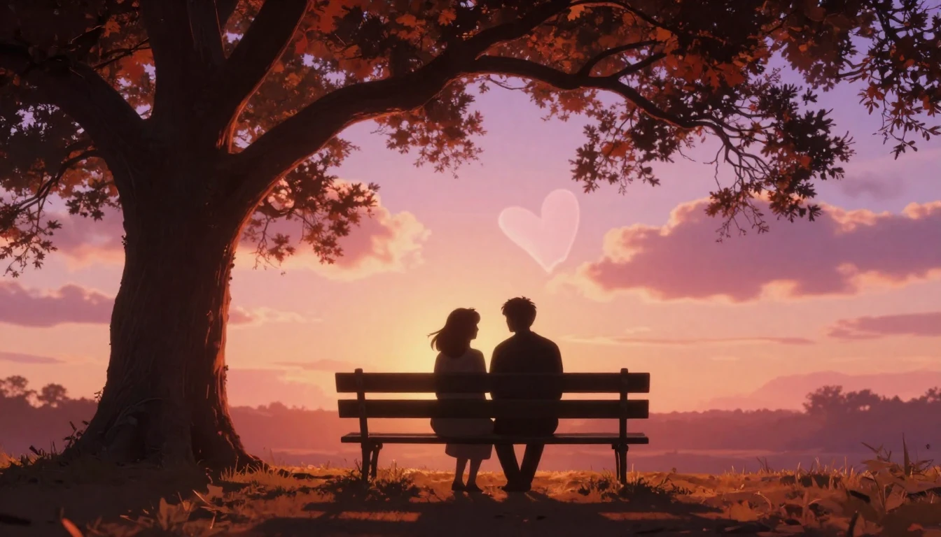 A romantic and dreamy scene featuring two silhouettes sittin...