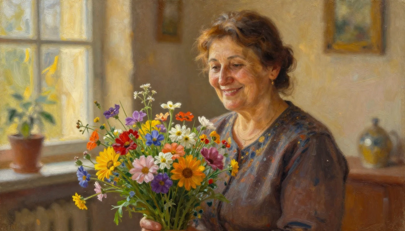A heartwarming oil painting portrait of a kind, beautiful mi...