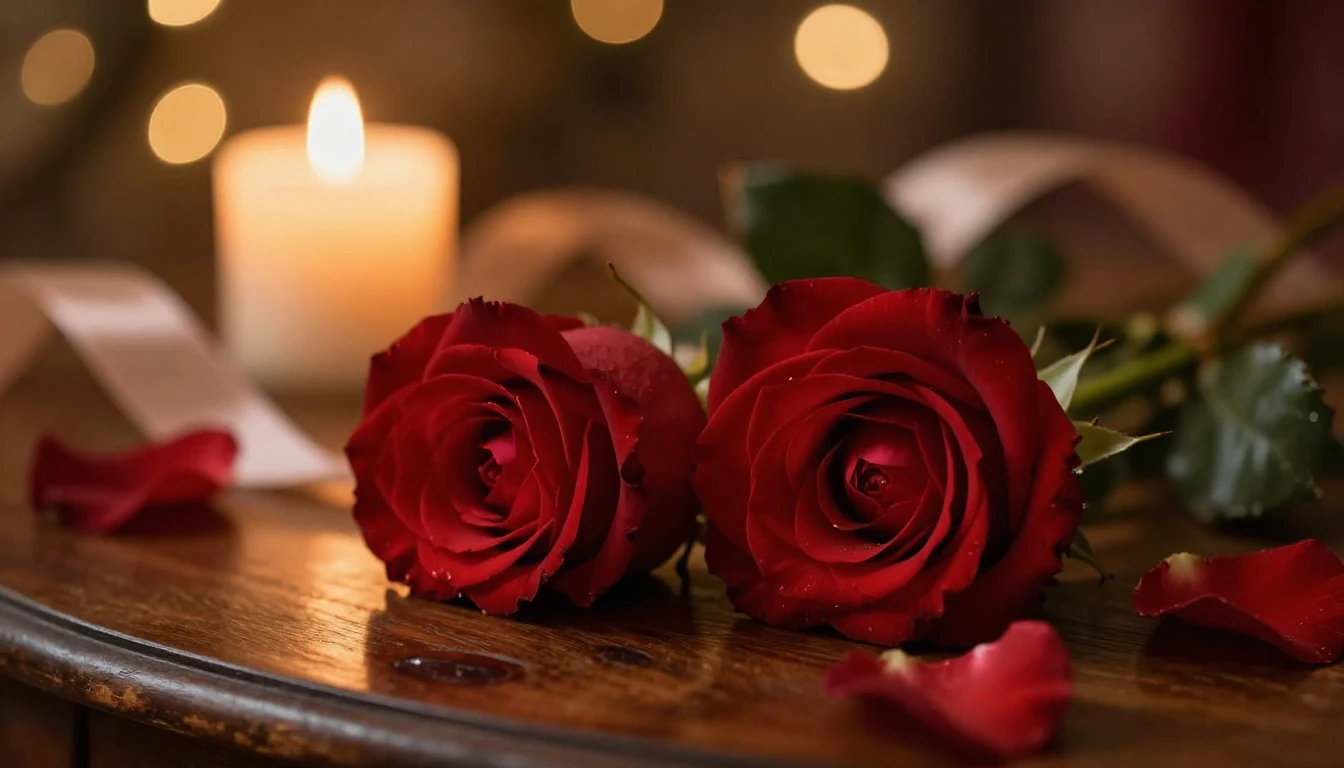 A close-up shot of two elegant red roses resting on a vintag...