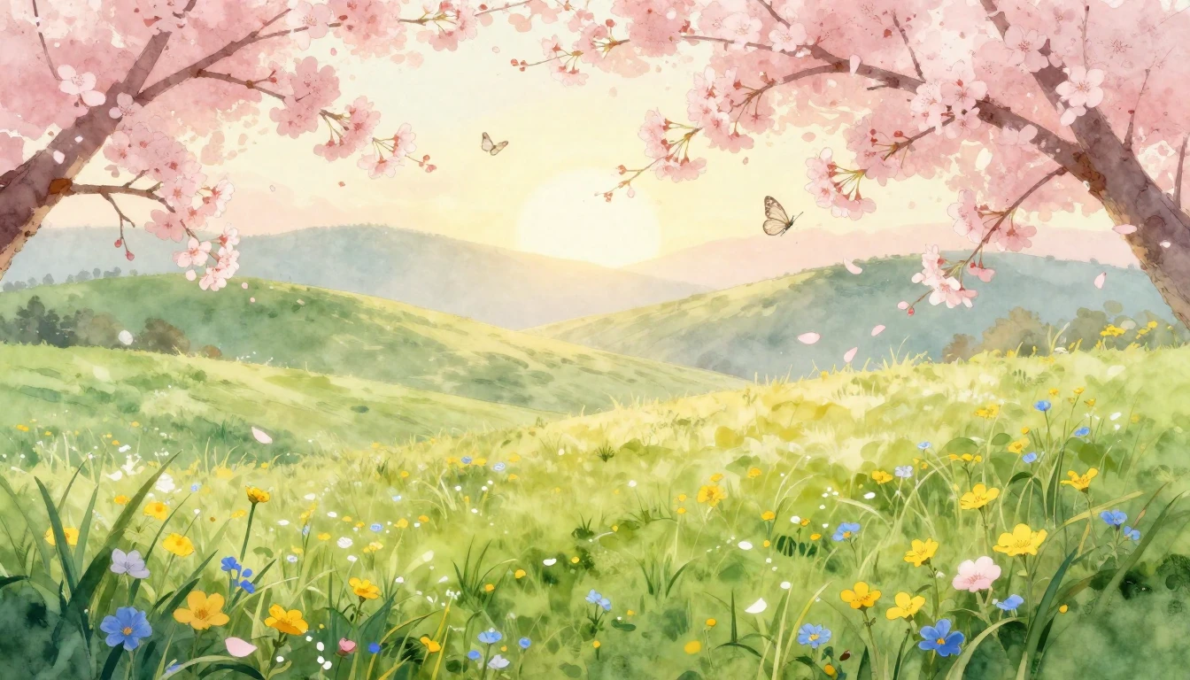 A beautiful watercolor painting of a lush spring meadow at s...