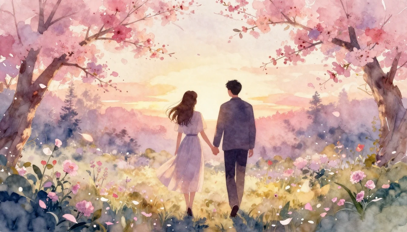 A beautiful watercolor painting of two silhouettes walking h...
