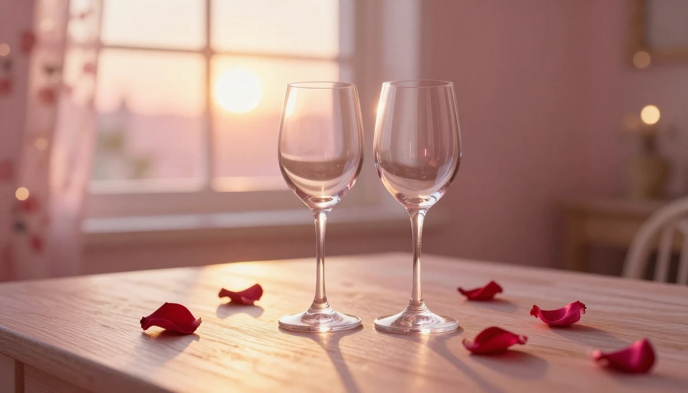 A soft and dreamy scene featuring two elegant wine glasses o...