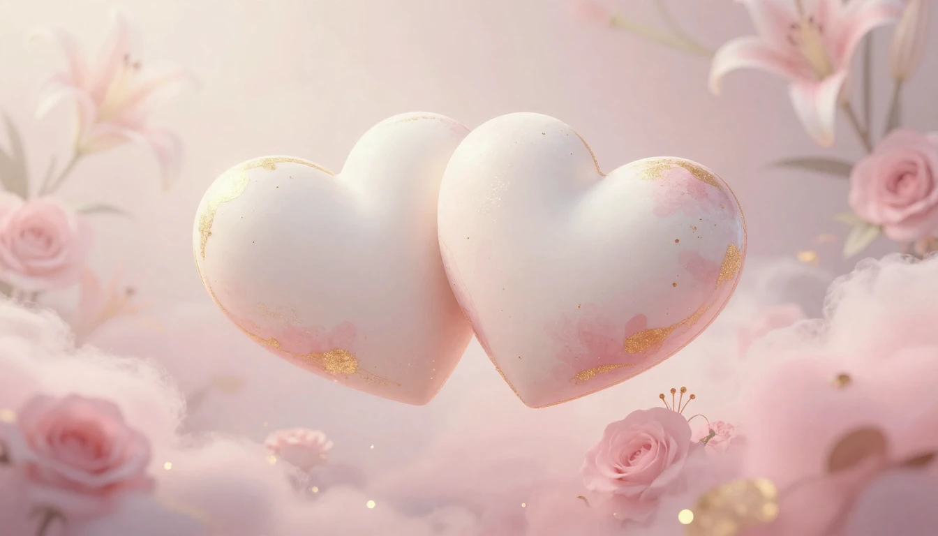 A delicate and ethereal scene featuring two stylized hearts ...