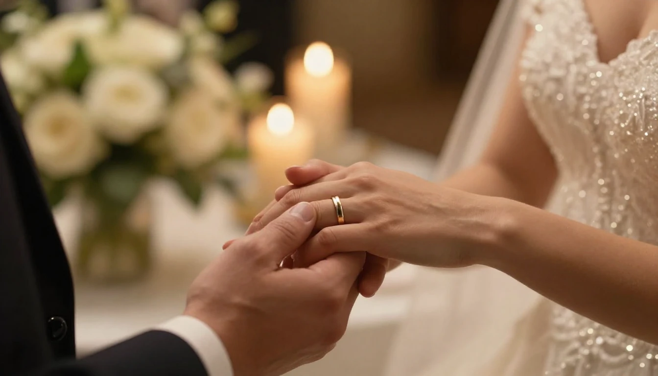 A cinematic close-up shot of a bride and groom holding hands...