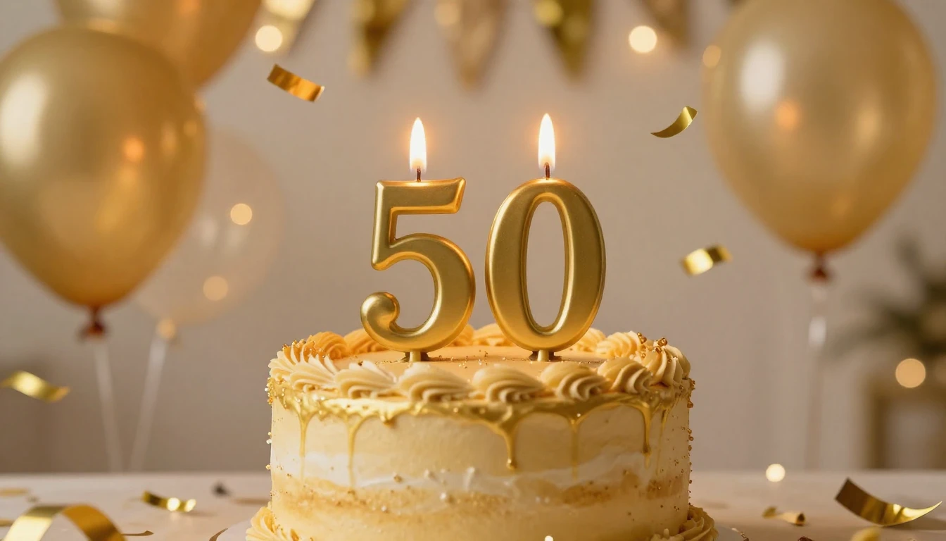 A festive and elegant birthday celebration scene for a 50th ...