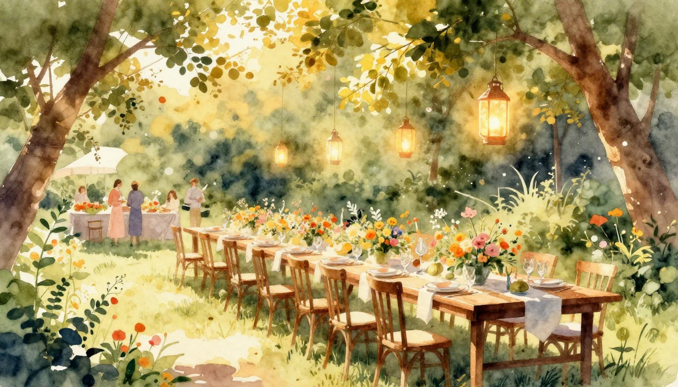A beautiful watercolor painting of a sun-drenched outdoor ga...
