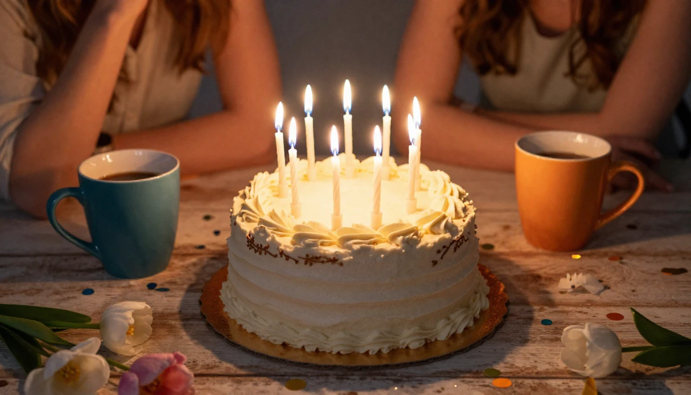 A beautiful birthday cake with glowing candles on a rustic w...