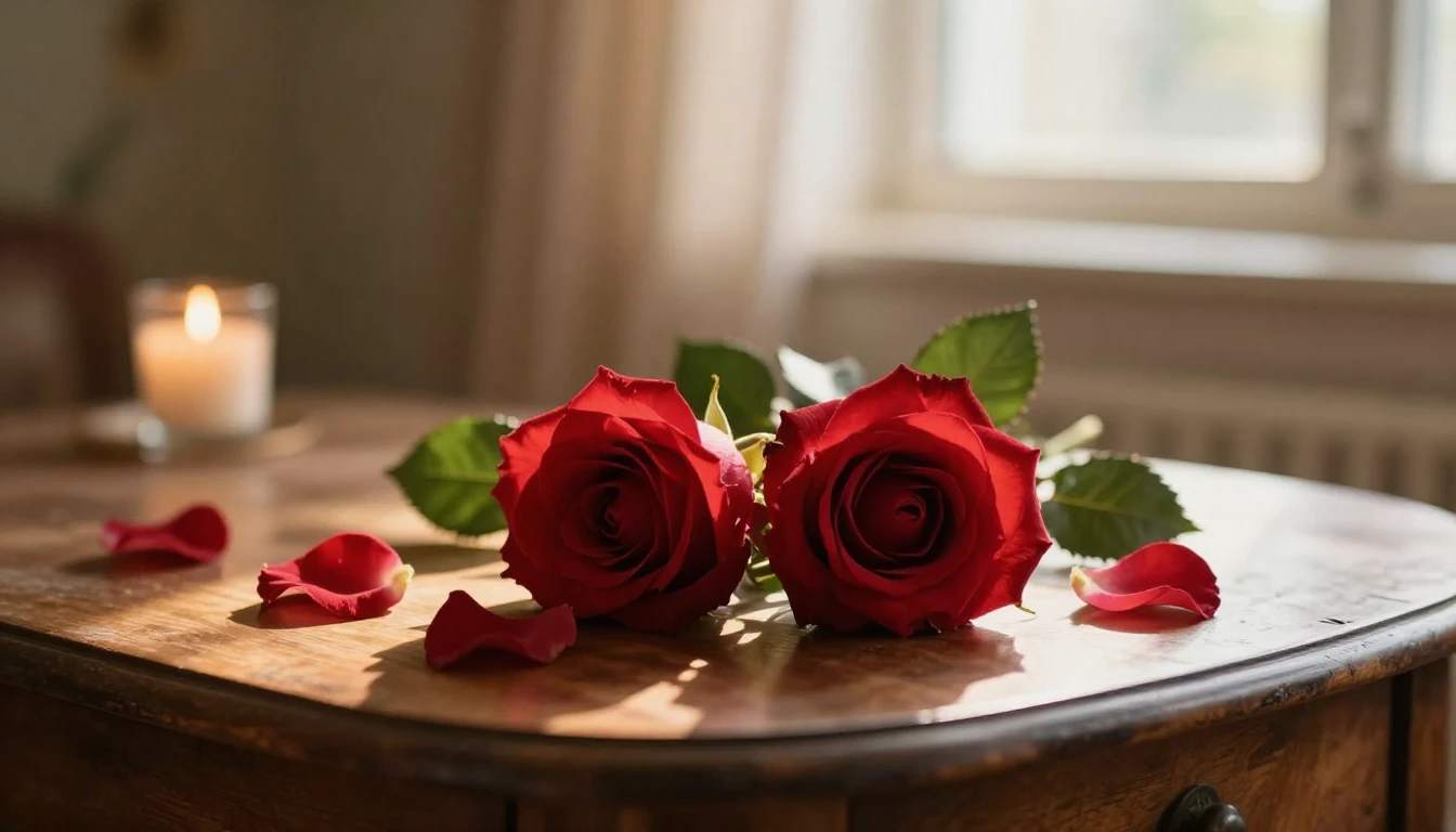 A beautiful and delicate scene featuring two intertwined red...