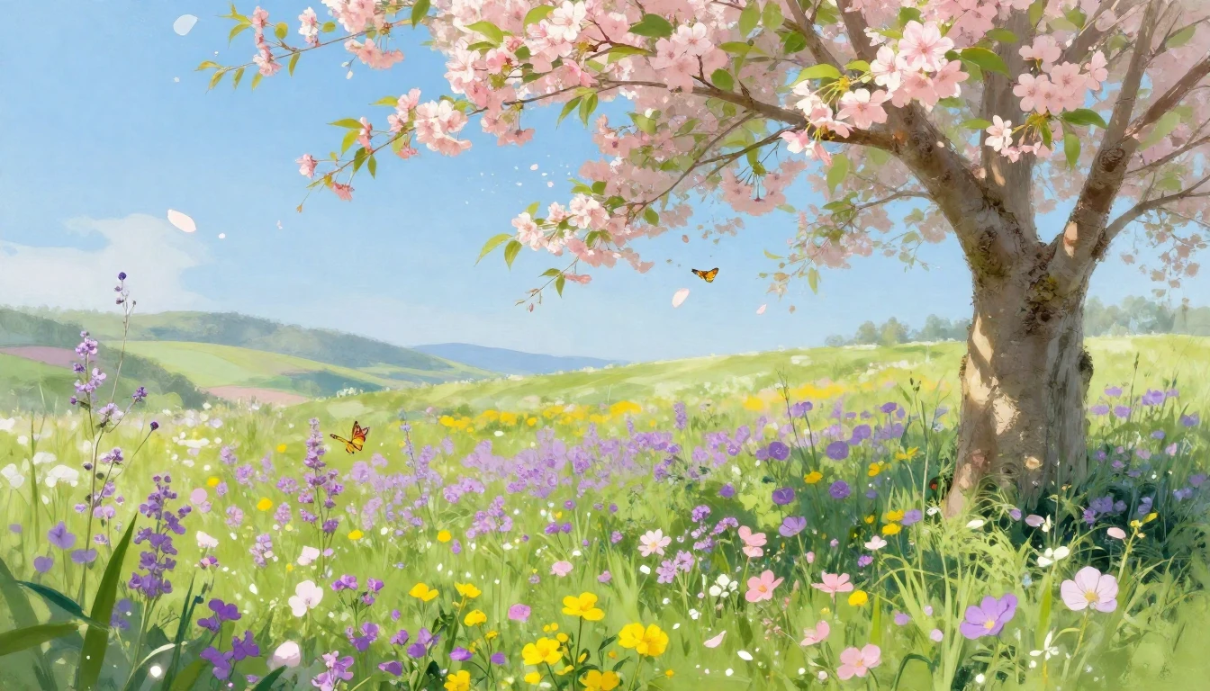 A vibrant meadow filled with blooming wildflowers in shades ...