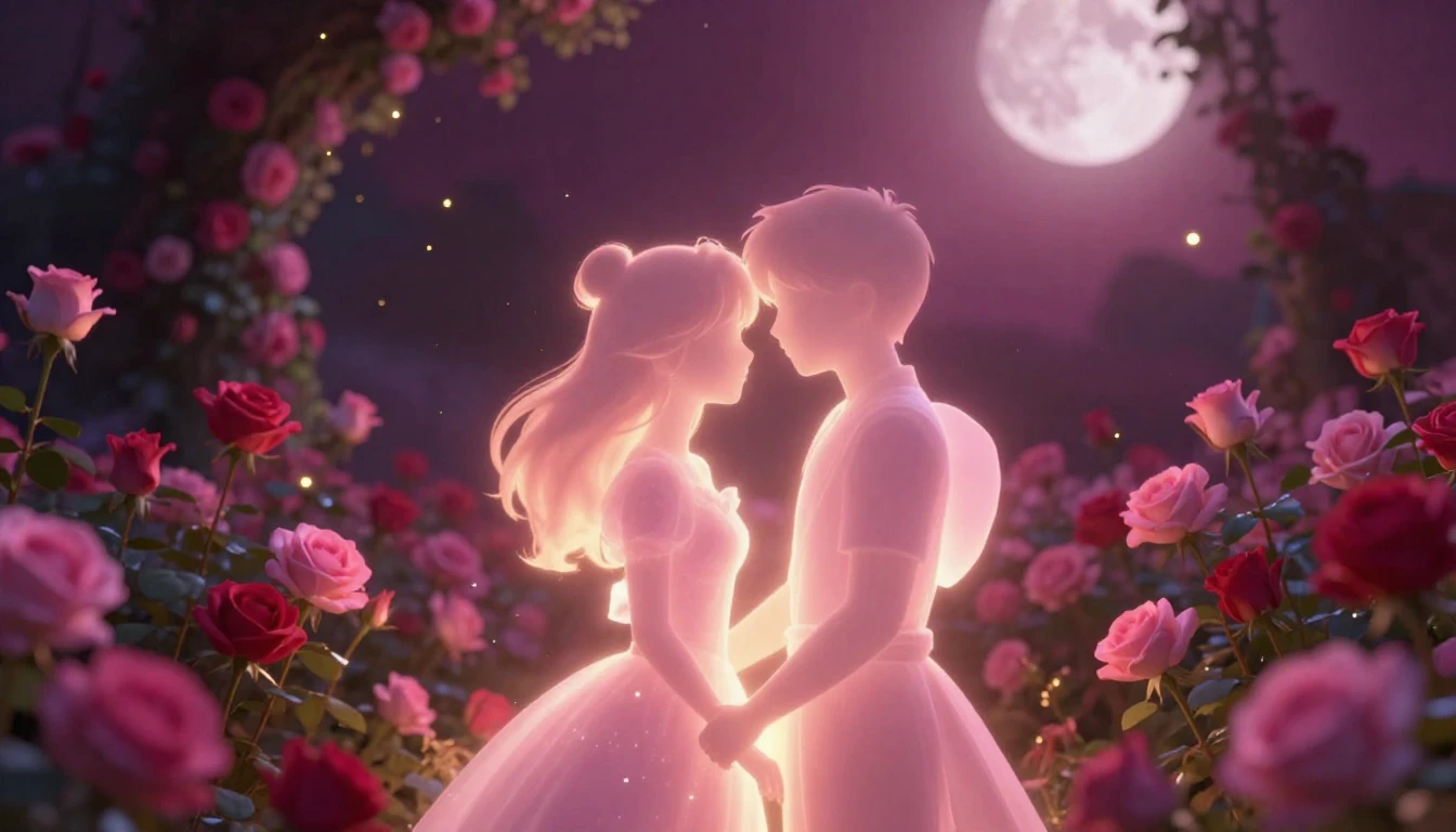 A breathtakingly romantic scene featuring two glowing silhou...