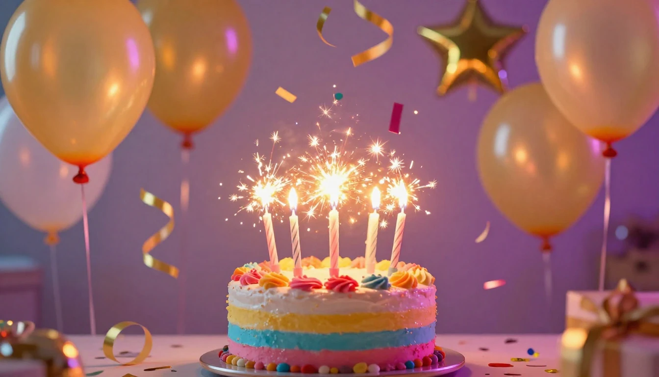 A vibrant and festive birthday celebration scene featuring a...