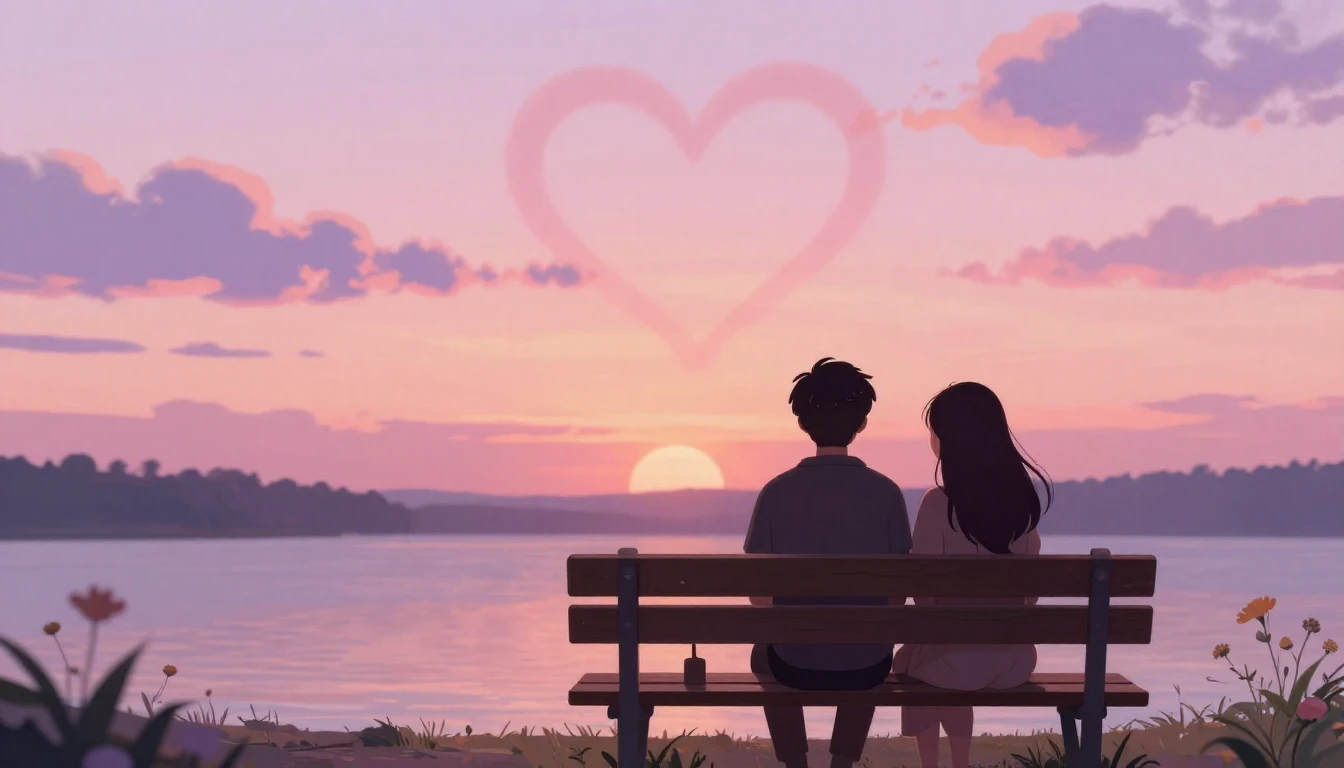 A romantic and dreamy illustration of two silhouettes sittin...