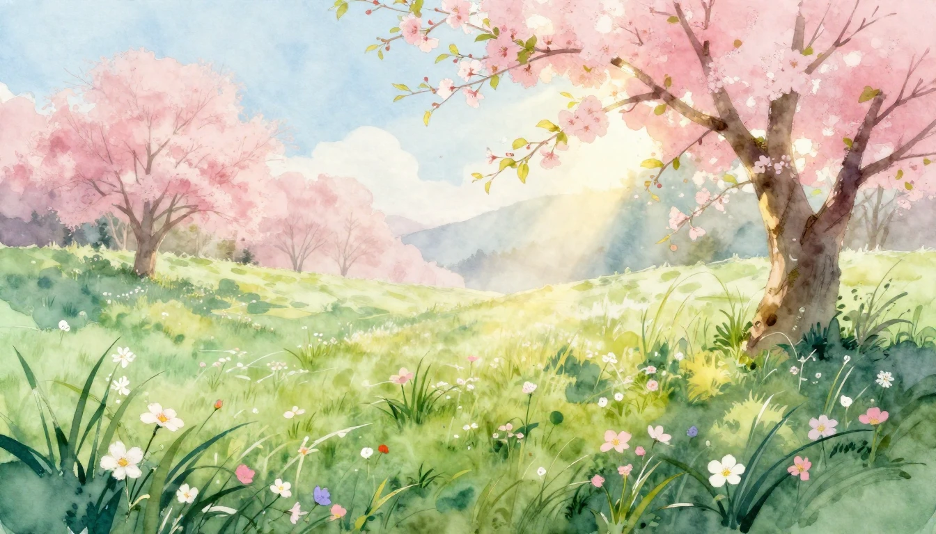 A beautiful watercolor painting of a lush spring meadow at s...