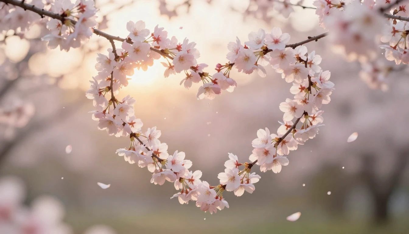 A delicate and ethereal scene featuring two intertwined cher...