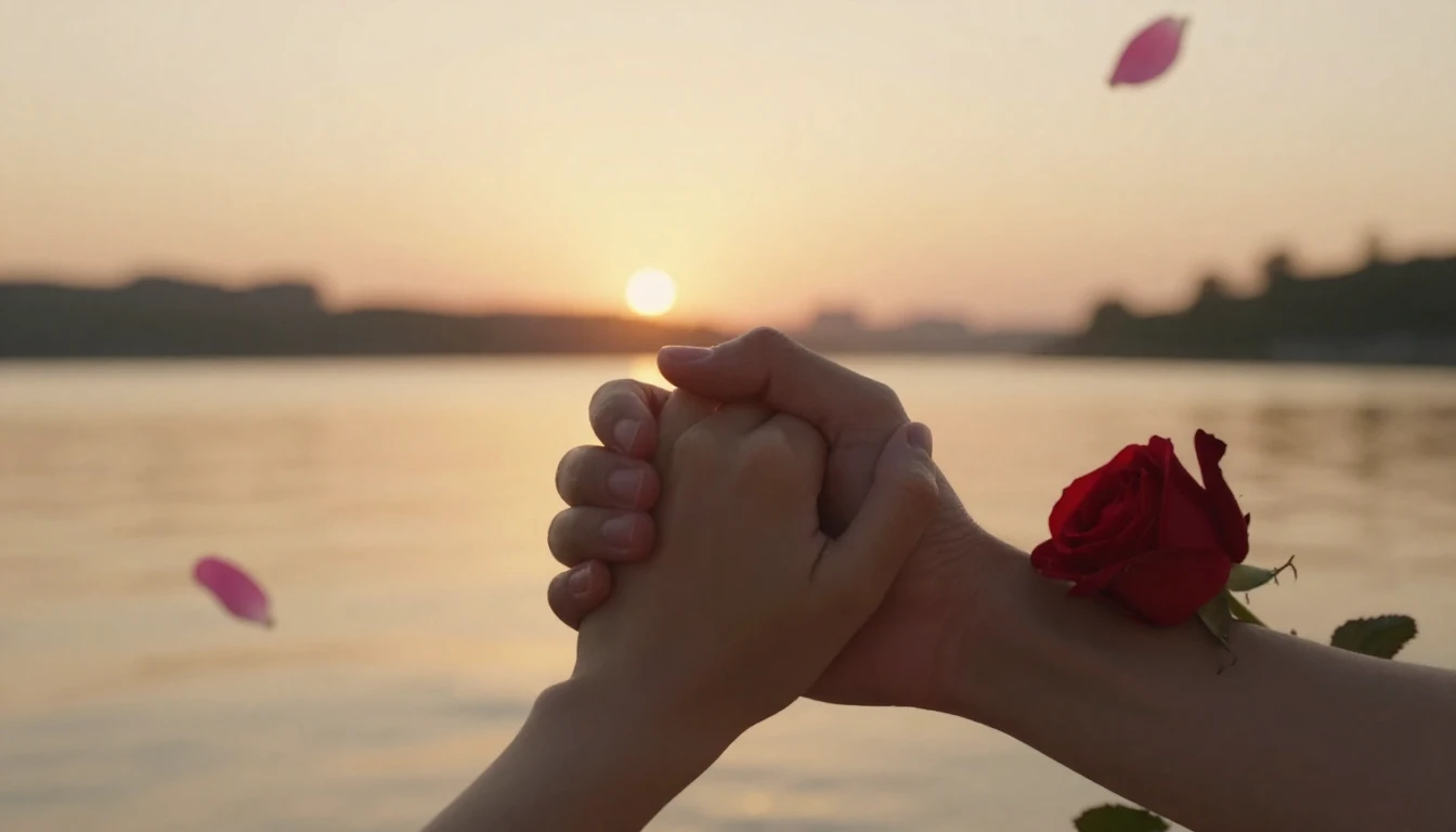 A romantic and emotional close-up scene of a couple holding ...
