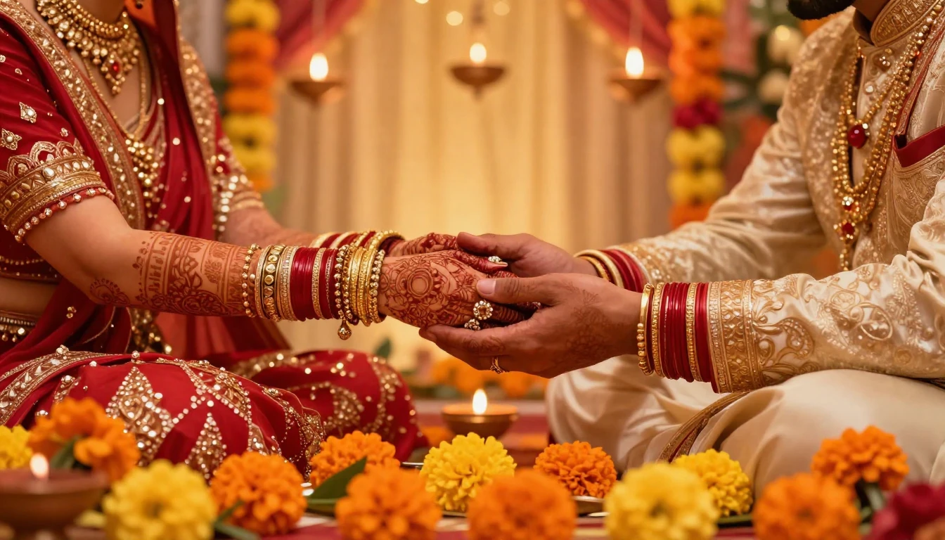 A vibrant and festive illustration of a traditional Indian w...