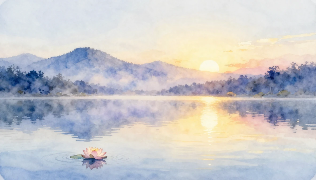 A serene landscape featuring a calm lake reflecting a soft s...
