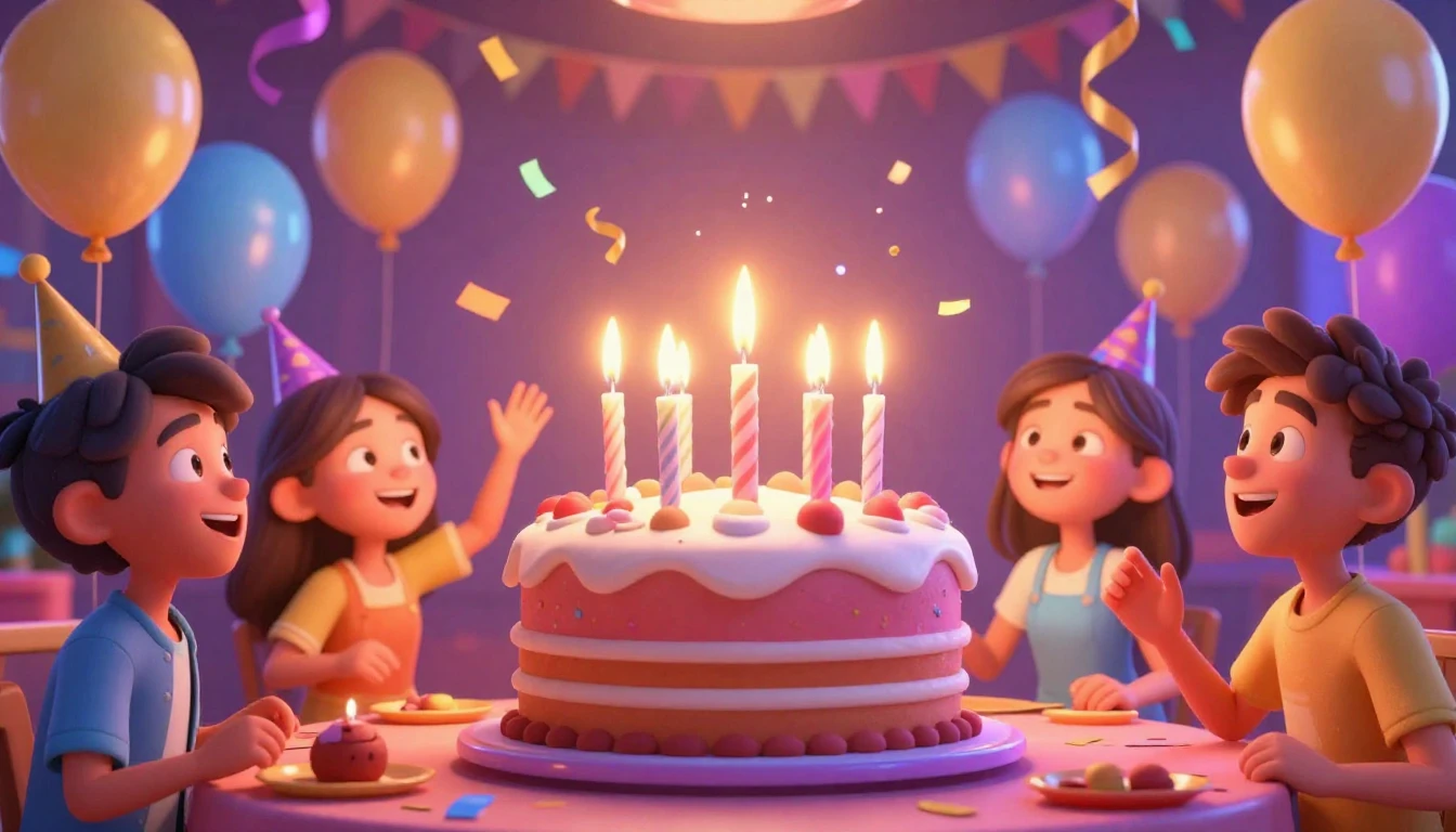 A vibrant and joyful birthday party scene in a 3D animated s...