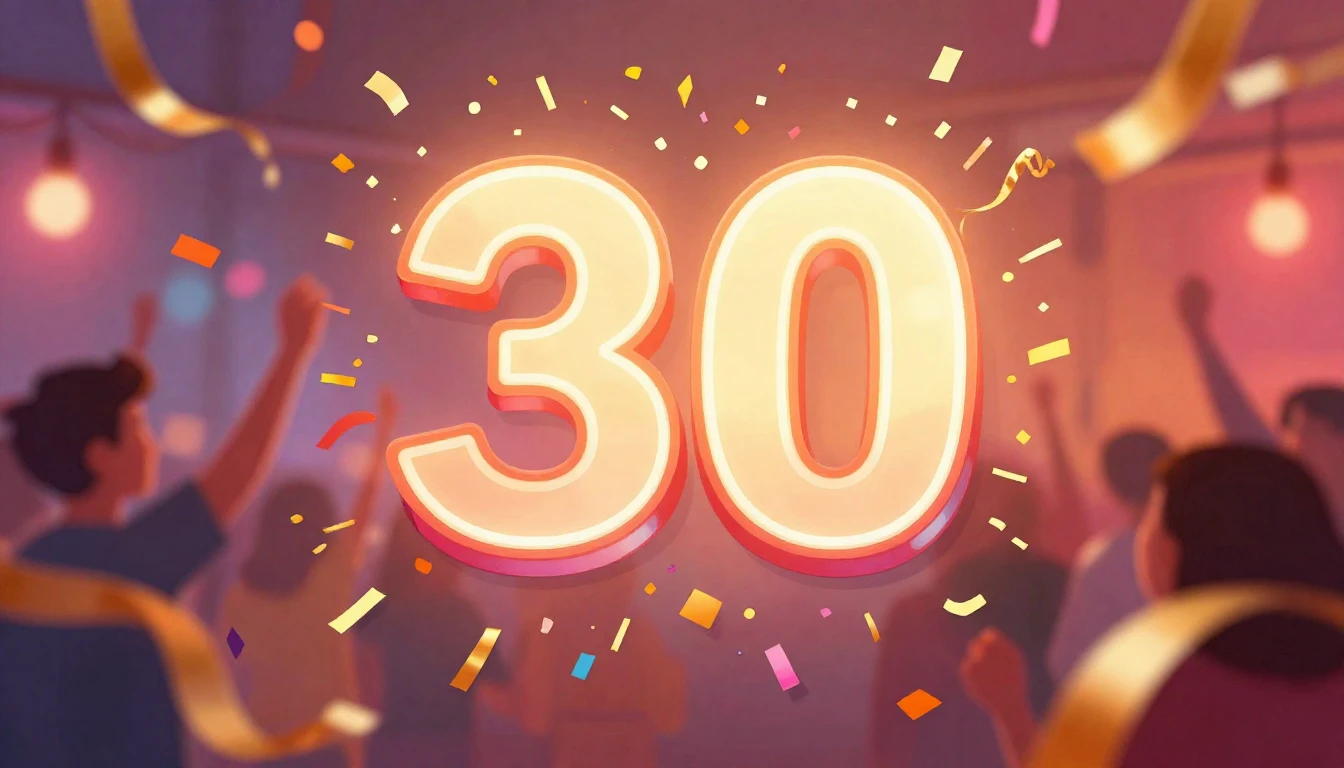 A vibrant and festive digital art illustration for a 30th bi...