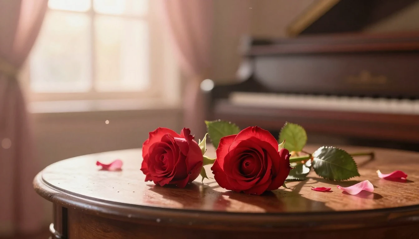 A dreamy and ethereal scene featuring two delicate red roses...