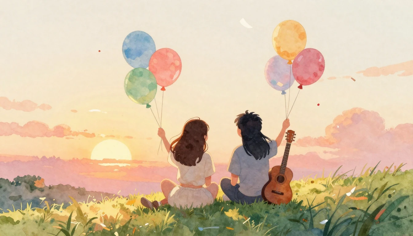 A heartwarming watercolor illustration of two friends sittin...
