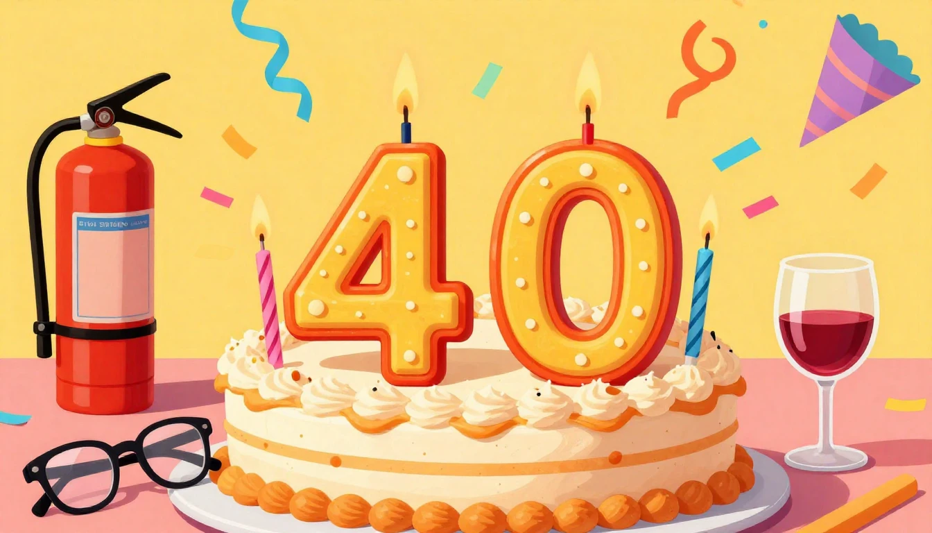 A vibrant and humorous album cover featuring a birthday cake...