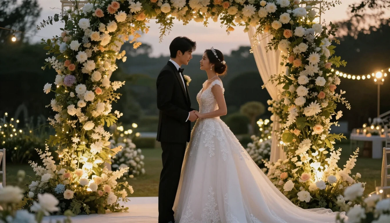 A cinematic, high-resolution wide shot of a bride and groom ...