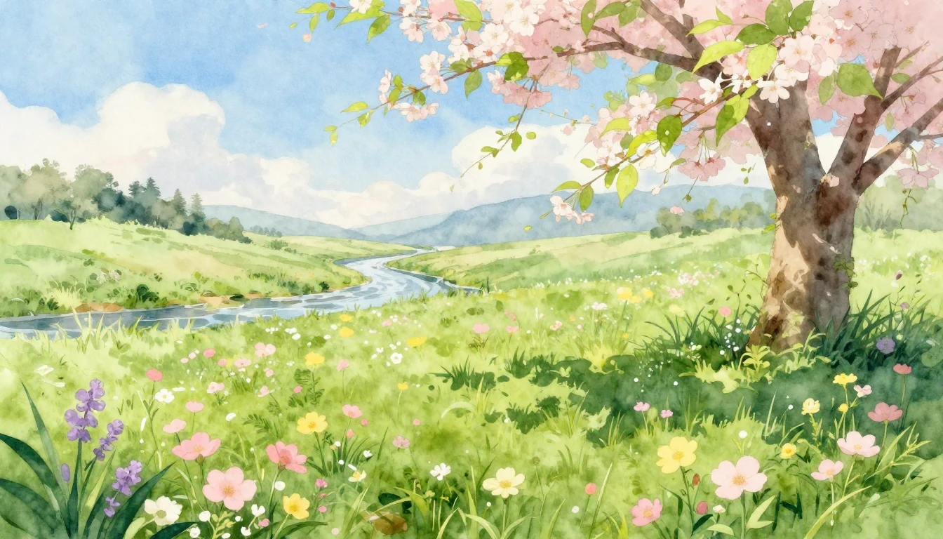 A serene spring landscape in a soft watercolor style. A lush...