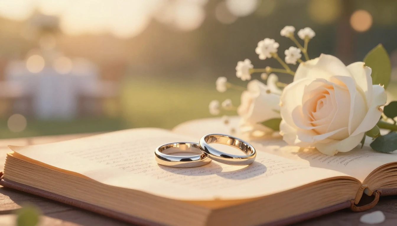 A warm and romantic close-up illustration of two wedding rin...