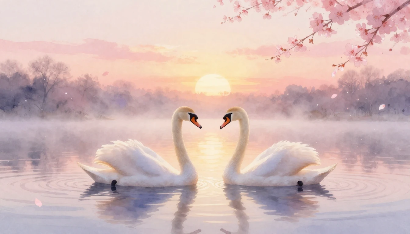 A dreamy watercolor painting of two elegant swans gliding on...