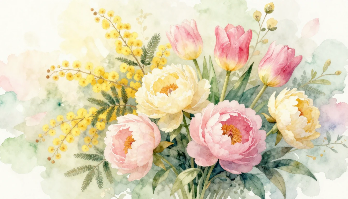 A delicate watercolor painting featuring a lush bouquet of s...