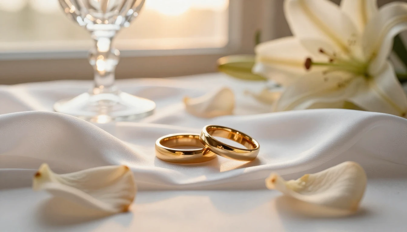 A close-up shot of two elegant gold wedding bands resting on...