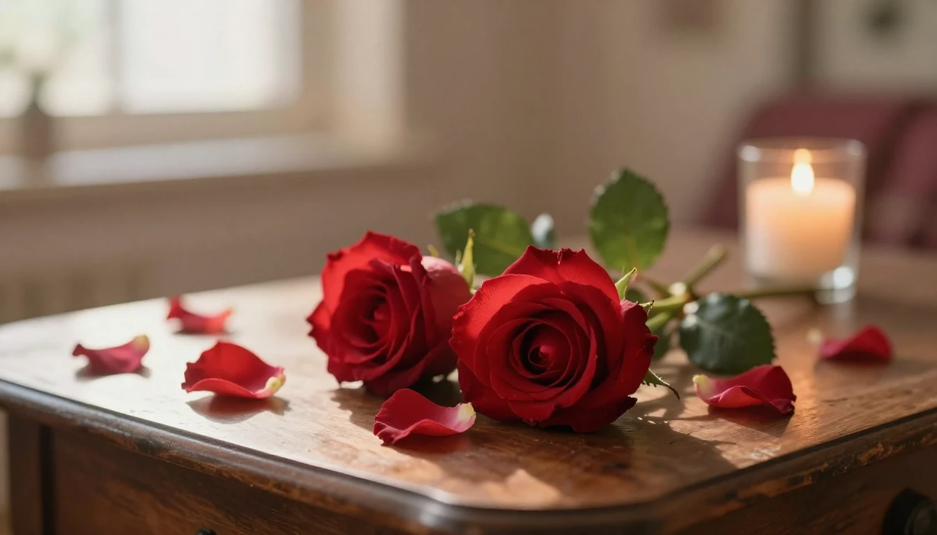 A beautiful and delicate scene featuring two intertwined red...