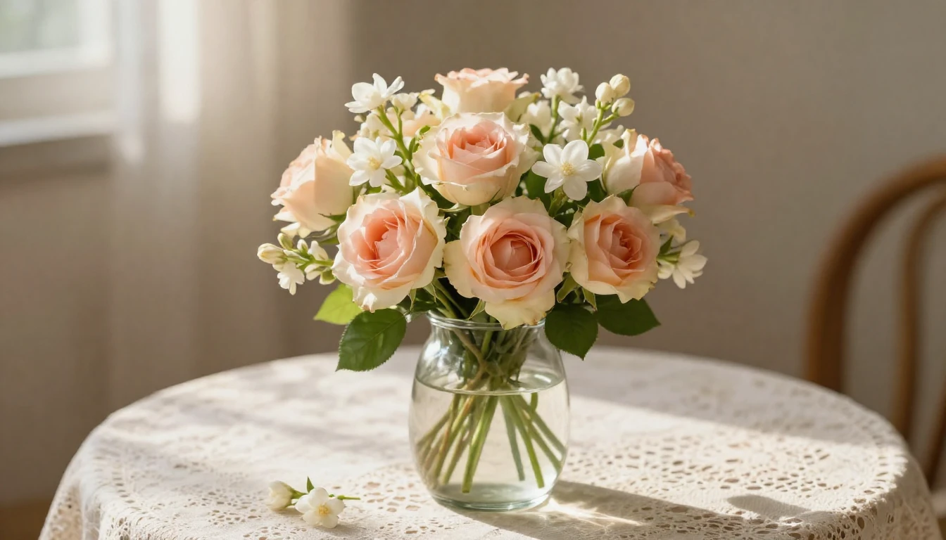 A delicate arrangement of blooming roses and jasmine in a so...