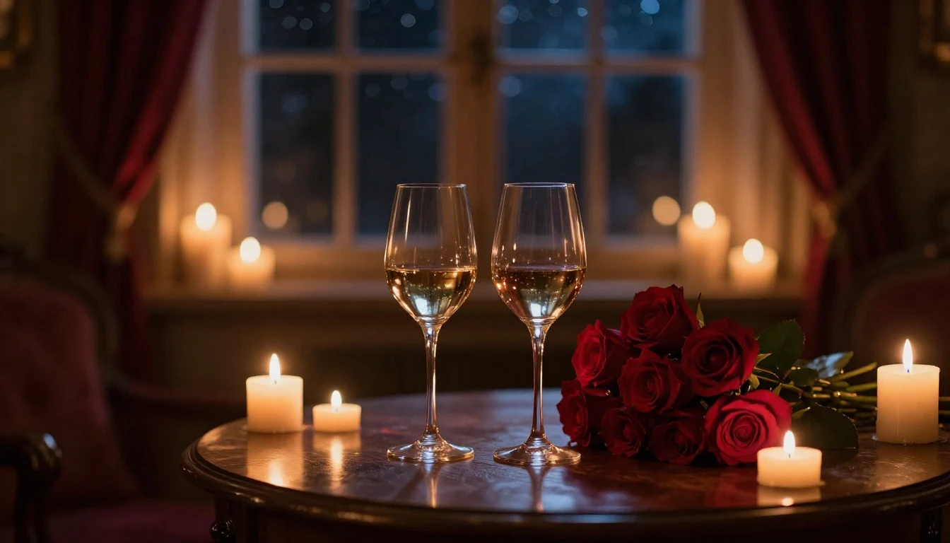 A cozy, dimly lit room filled with the warm glow of numerous...