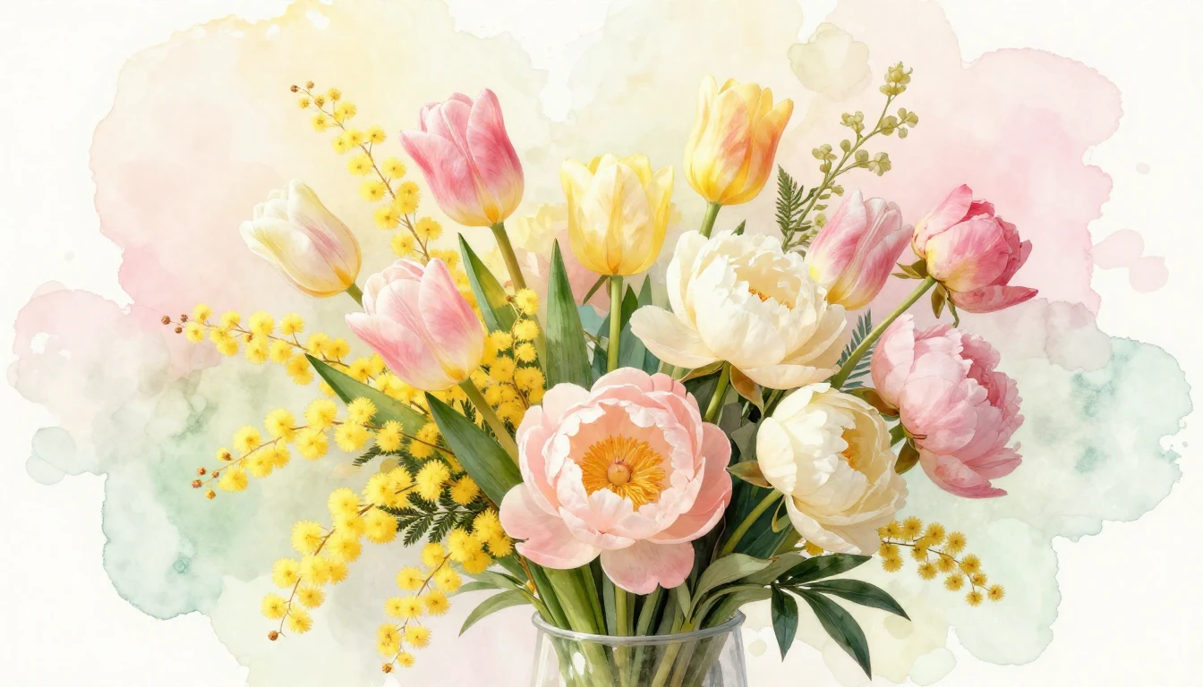 A beautiful bouquet of spring flowers including tulips, mimo...