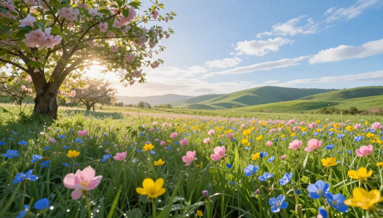 A breathtaking sun-drenched meadow filled with a sea of bloo...